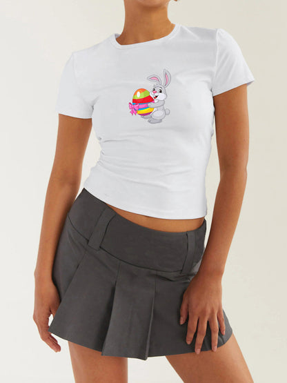 T-Shirts- Women's Easter Egg Print T-Shirt - Holly Week Bunny Crop Tee- Pink- Chuzko Women Clothing