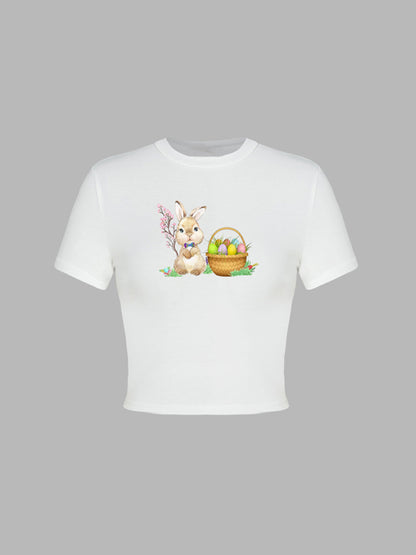 T-Shirts- Women's Easter Egg Print T-Shirt - Holly Week Bunny Crop Tee- - Chuzko Women Clothing