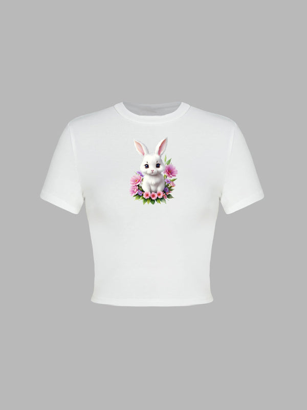 T-Shirts- Women's Easter Egg Print T-Shirt - Holly Week Bunny Crop Tee- Bud green- Chuzko Women Clothing