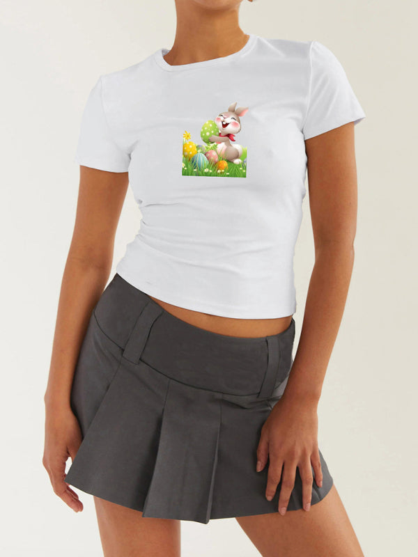 T-Shirts- Women's Easter Egg Print T-Shirt - Holly Week Bunny Crop Tee- Grey- Chuzko Women Clothing