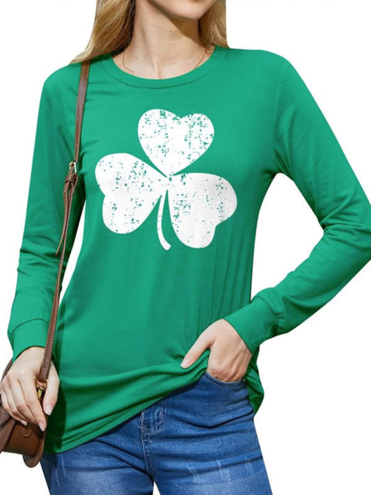 T-Shirts- Women's St. Patrick's Day Long Sleeves Tee Lucky Clover Charm- Pale green- Chuzko Women Clothing