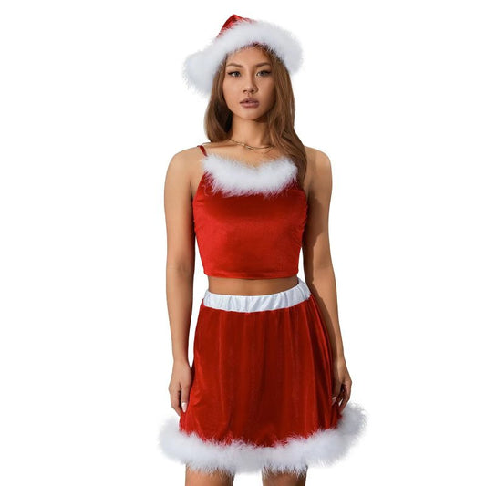Santa Claus Costume Christmas 3-Piece Skirt + Cami Top + Hat Christmas Costumes - Chuzko Women Clothing