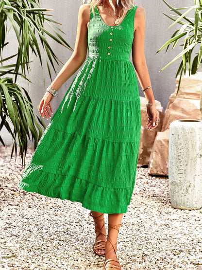 Tank Dresses- Textured Sleeveless Tiered Midi Dress with Pockets- Chuzko Women Clothing