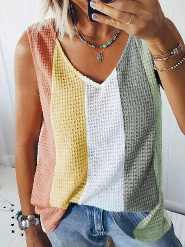 Tank Tops- Color Block Waffle Tank Top for Women's Summer Style- Pattern- Chuzko Women Clothing