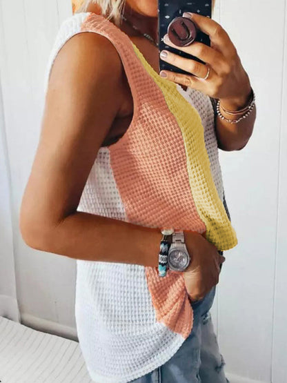 Tank Tops- Color Block Waffle Tank Top for Women's Summer Style- - Chuzko Women Clothing