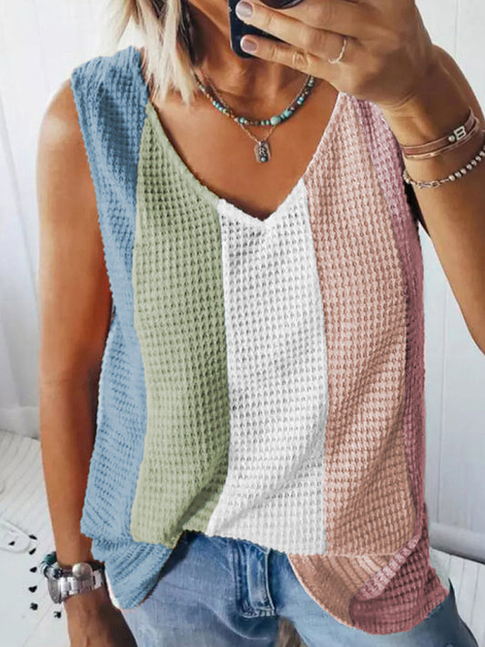 Tank Tops- Color Block Waffle Tank Top for Women's Summer Style- Pattern1- Chuzko Women Clothing