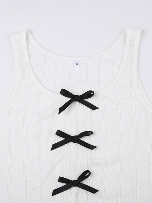 Tank Tops- Knitted Tank Top with Cutouts & Bow- Chuzko Women Clothing