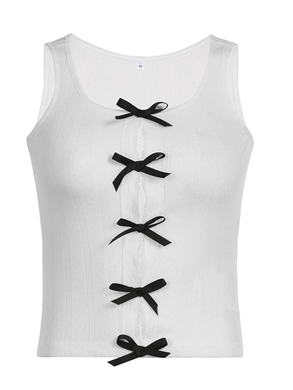 Tank Tops- Knitted Tank Top with Cutouts & Bow- Chuzko Women Clothing