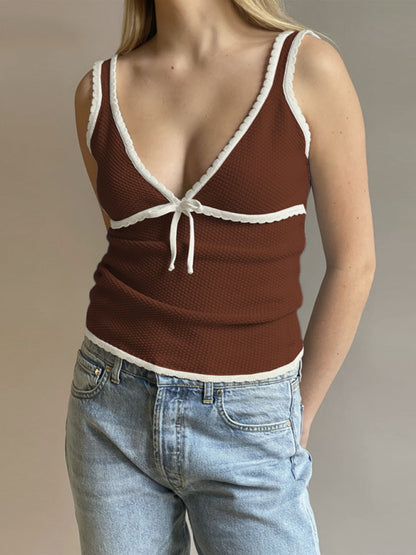 Tank Tops- Waffle Textured Sleeveless V-Neck Top with Contrast Binding- Chuzko Women Clothing