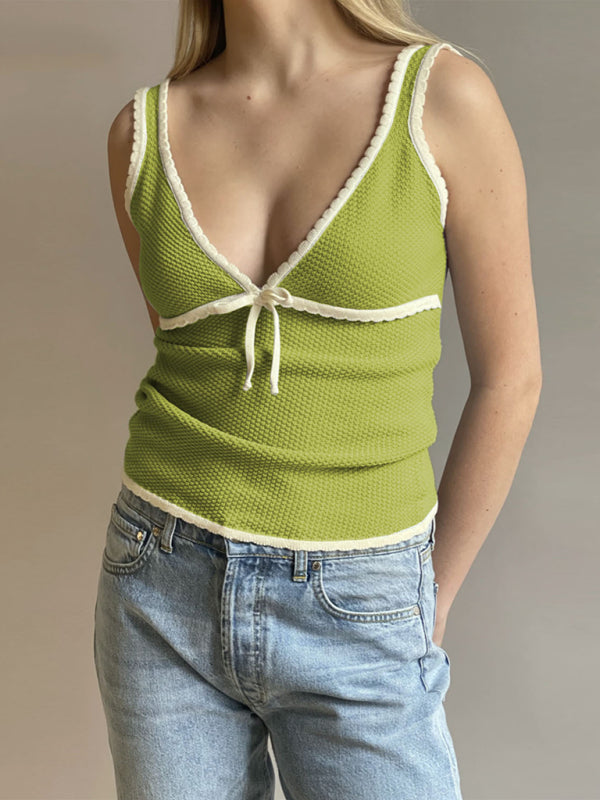 Tank Tops- Waffle Textured Sleeveless V-Neck Top with Contrast Binding- Chuzko Women Clothing