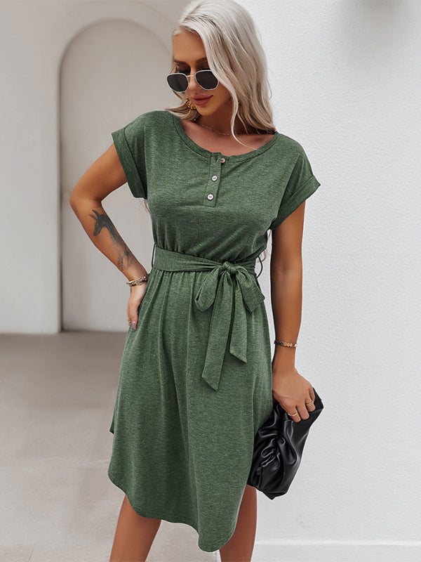 Tee Dresses- Belted Solid Tee Dress with Short Sleeves for Everyday Wear- Chuzko Women Clothing