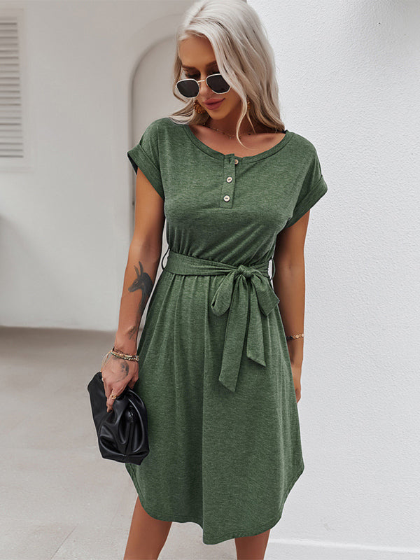 Tee Dresses- Belted Solid Tee Dress with Short Sleeves for Everyday Wear- Chuzko Women Clothing