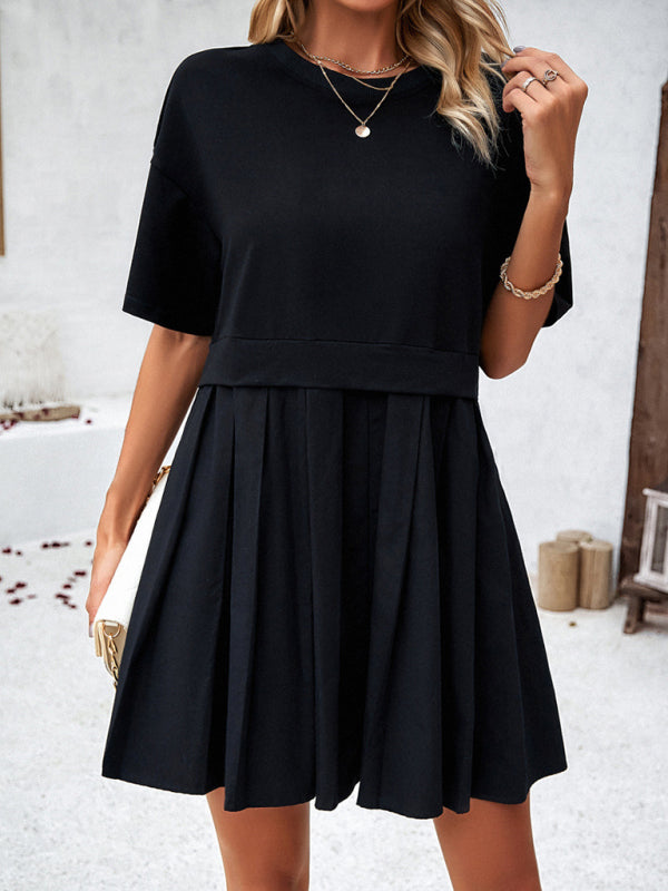 Tee Dresses- Short Sleeve Colorblock A-Line Tee Dress- Chuzko Women Clothing