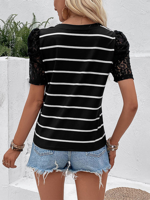 Tees | Blouses- Crew Neck Tee | Striped Blouse with Short Puff Sleeves and Lace Accents- Chuzko Women Clothing