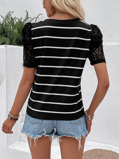 Tees | Blouses- Crew Neck Tee | Striped Blouse with Short Puff Sleeves and Lace Accents- Chuzko Women Clothing