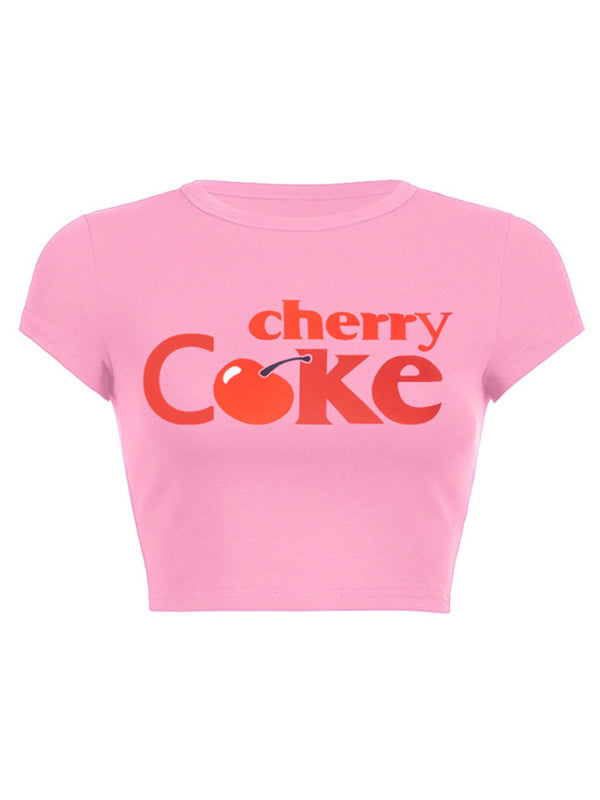 Tees- Cherry C🍒ke Print Crop Tee for Women- - Chuzko Women Clothing