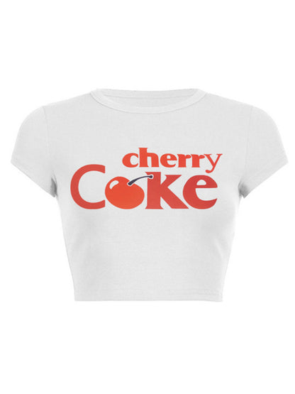 Tees- Cherry C🍒ke Print Crop Tee for Women- White- Chuzko Women Clothing