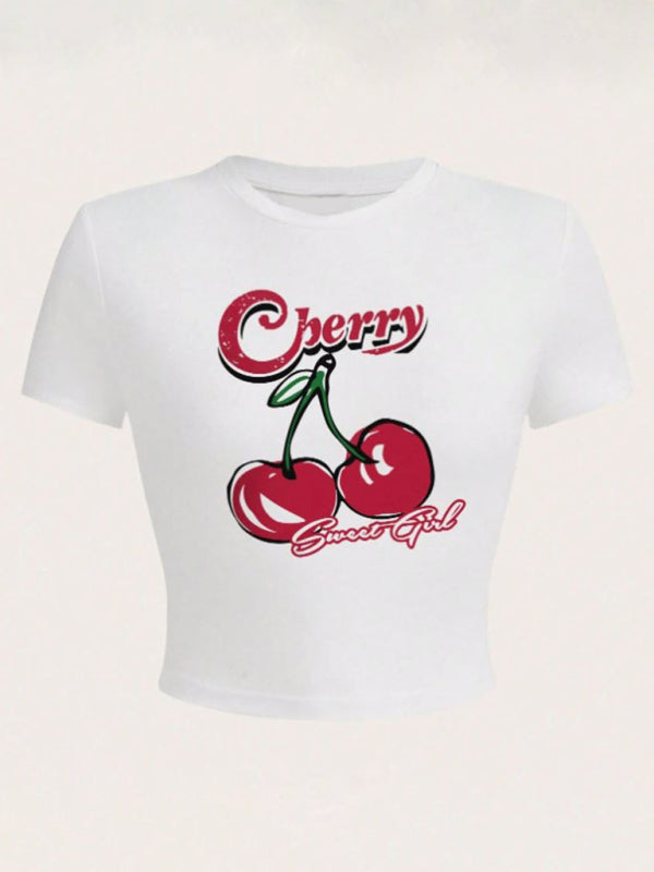 Tees- Cherry Letter Print Crop Tee for Women- Pattern3- Chuzko Women Clothing