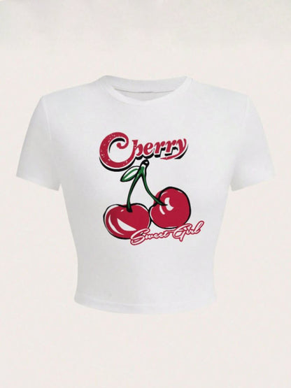 Tees- Cherry Letter Print Crop Tee for Women- - Chuzko Women Clothing