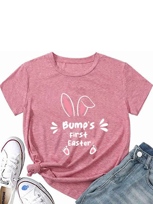 Tees- Holly Week Bunny Egg Print T-Shirt for Women- Pink- Chuzko Women Clothing