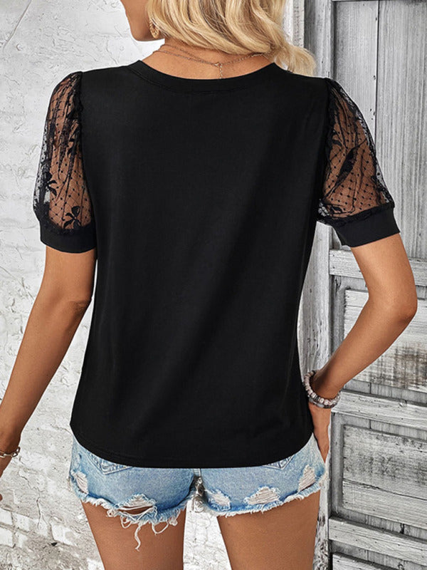 Tees- Lace Patched Short Sleeves V-Neck Blouse Tee- - Chuzko Women Clothing