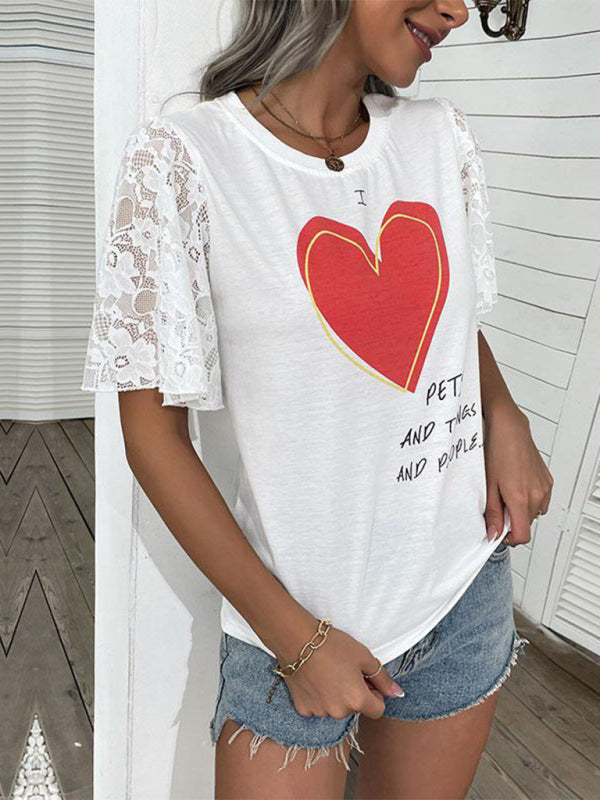 Tees- Love Theme Tee - Crew Neck T-Shirt with Lace Short Sleeves- Chuzko Women Clothing