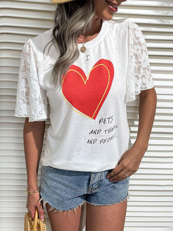 Tees- Love Theme Tee - Crew Neck T-Shirt with Lace Short Sleeves- Chuzko Women Clothing