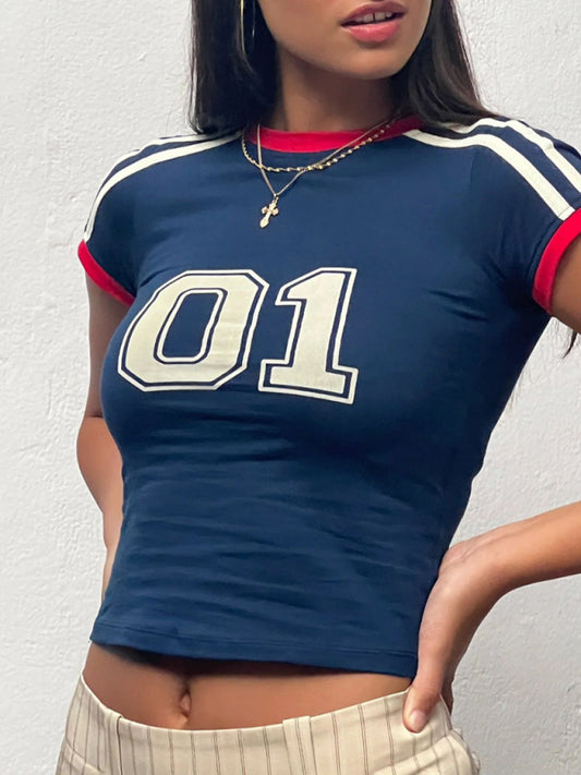 Tees- Navy Sport T-Shirt - Women's Baseball Tee- Champlain color- Chuzko Women Clothing
