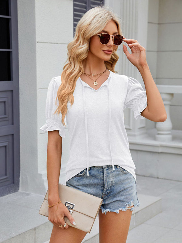 Tees- Short Puff Sleeves Blouse | Solid V-Neck Tee with Drawstring Tie Front- Chuzko Women Clothing