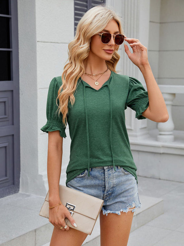 Tees- Short Puff Sleeves Blouse | Solid V-Neck Tee with Drawstring Tie Front- Chuzko Women Clothing