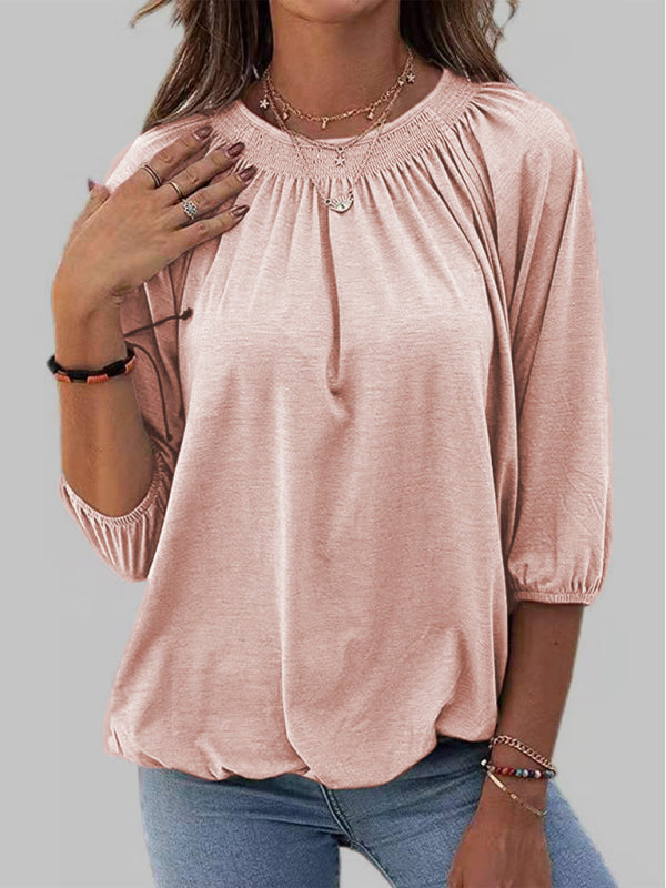 Tees- Smocked Accent Tee | Cotton Blend Crew Neck Top with 3/4 Sleeves- Chuzko Women Clothing