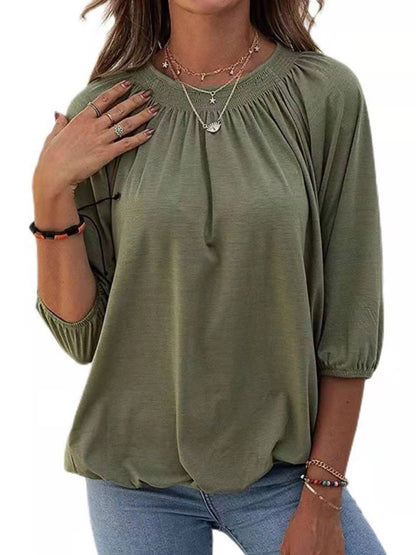 Tees- Smocked Accent Tee | Cotton Blend Crew Neck Top with 3/4 Sleeves- Chuzko Women Clothing