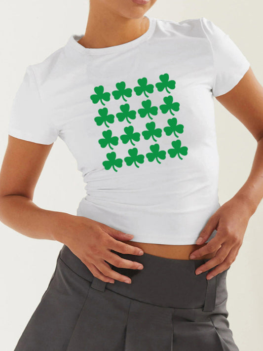 Tees- St. Patrick's Day Crop Tee for Women with Leprechaun & Lucky Clover Print- Pale green- Chuzko Women Clothing