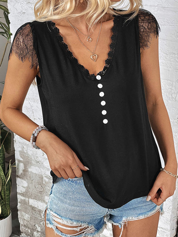Tees- V-Neck Lace Accents Top | Short Sleeves & Half Button-Up Blouse- Chuzko Women Clothing