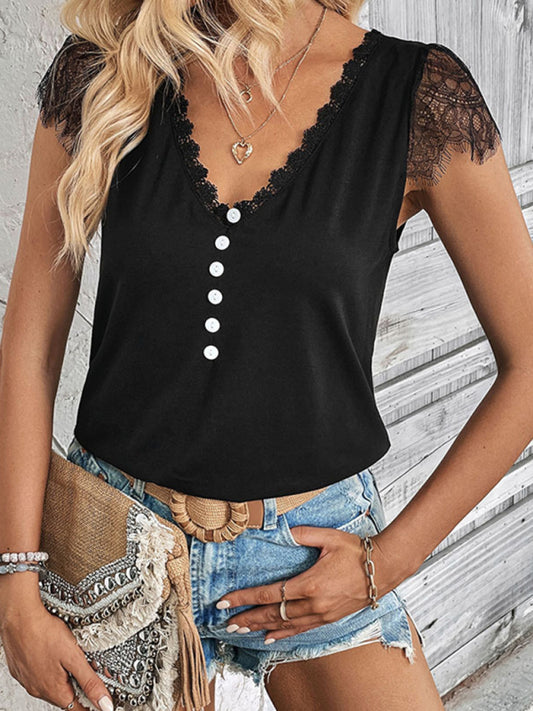 Tees- V-Neck Lace Accents Top | Short Sleeves & Half Button-Up Blouse- Chuzko Women Clothing