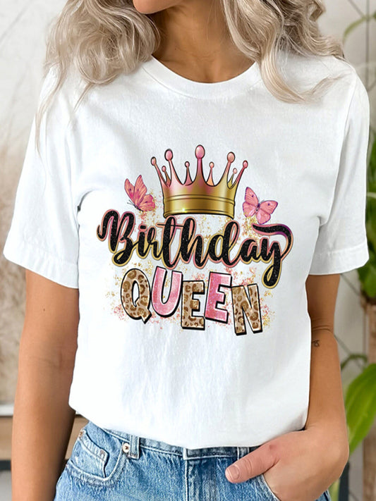 Tees- Women's Birthday Queen Print Tee - Short Sleeve T-Shirt- White- Chuzko Women Clothing