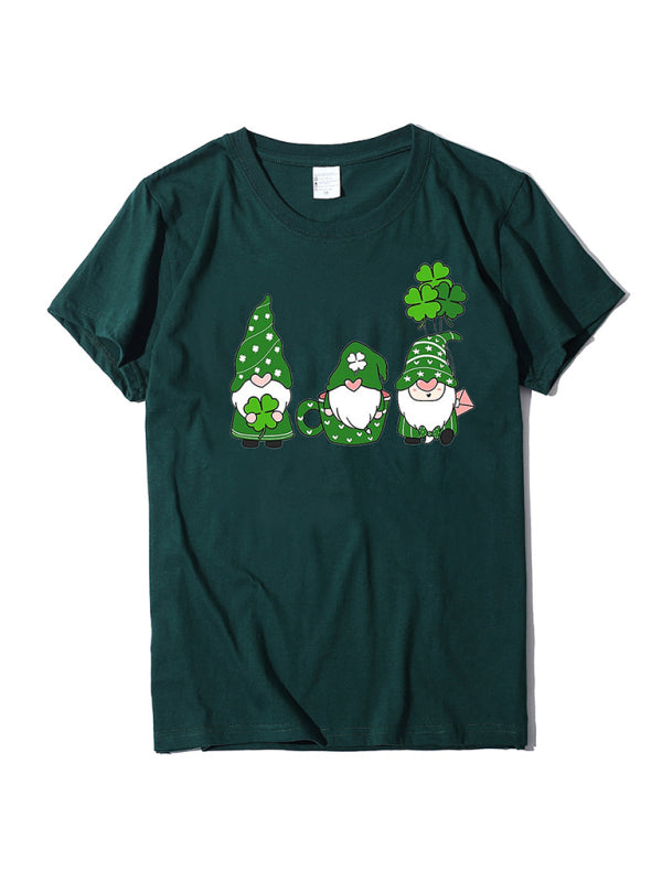 Tees- Women's Cotton Tee with Short Sleeves and St. Paddy's Leprechaun Print- Green black jasper- Chuzko Women Clothing