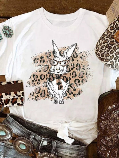 Tees- Women's Easter Bunny Leopard Print T-Shirt for Holy Week- - Chuzko Women Clothing