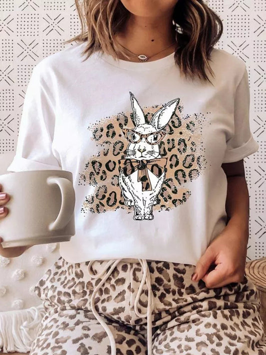 Tees- Women's Easter Bunny Leopard Print T-Shirt for Holy Week- White- Chuzko Women Clothing