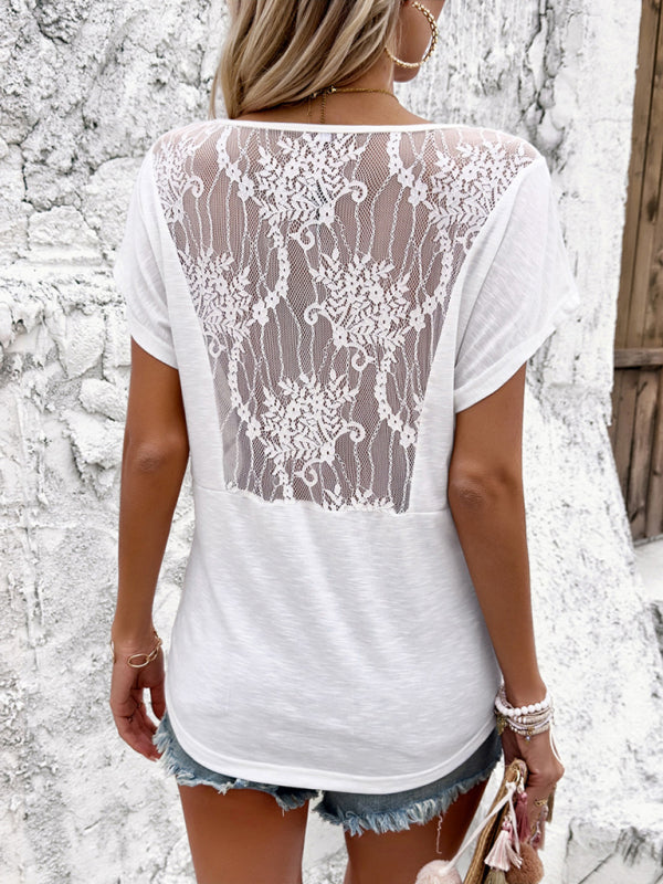 Tees- Women's Solid V-Neck Ruched Tee Blouse with Lace Back- - Chuzko Women Clothing