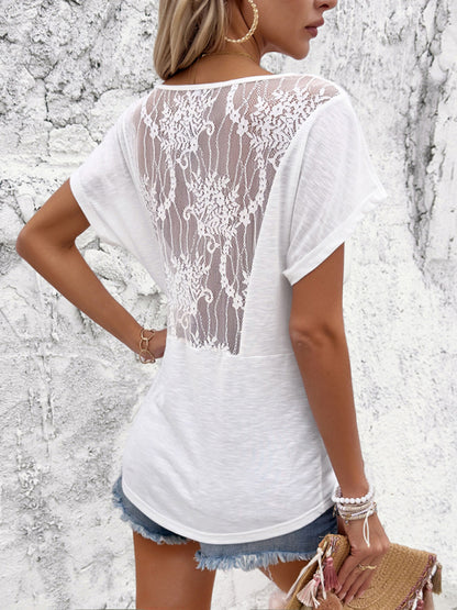Tees- Women's Solid V-Neck Ruched Tee Blouse with Lace Back- - Chuzko Women Clothing