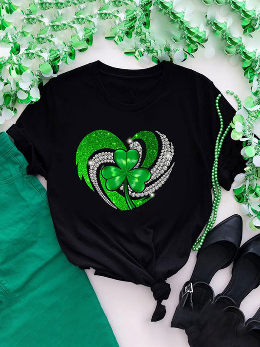 Tees- Women's St. Patrick's Day Tee with Four-leaf Clover Print- Black- Chuzko Women Clothing