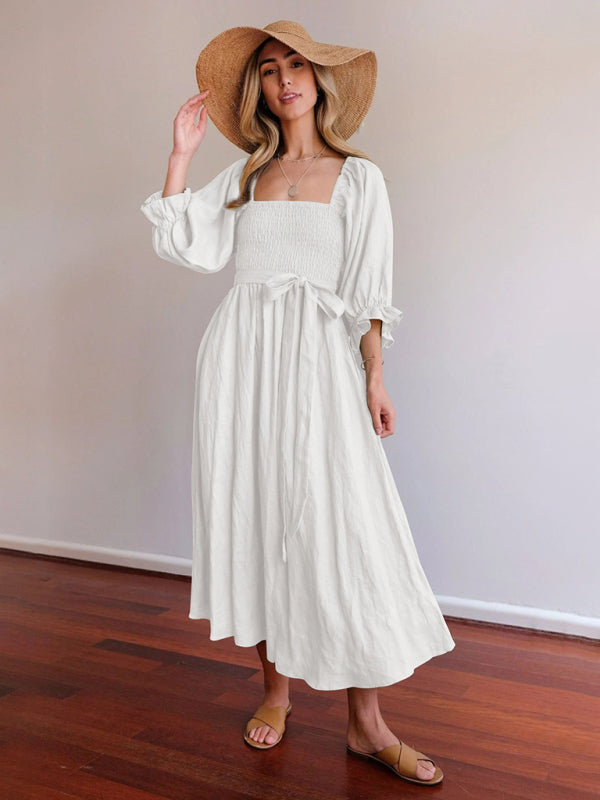 Textured Dresses- Vacation Solid A-Line Midi Dress with Tie Front & Wrap Back- White- Chuzko Women Clothing
