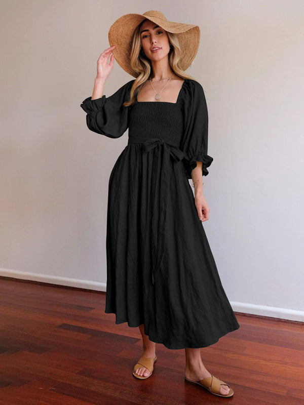 Textured Dresses- Vacation Solid A-Line Midi Dress with Tie Front & Wrap Back- Black- Chuzko Women Clothing