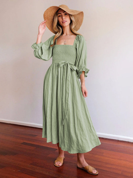 Textured Dresses- Vacation Solid A-Line Midi Dress with Tie Front & Wrap Back- Pale green- Chuzko Women Clothing