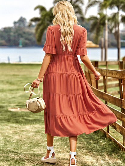 Tiered Dresses- Tiered Short Sleeves Midi Dress in Flowy A-Line Silhouette- Chuzko Women Clothing