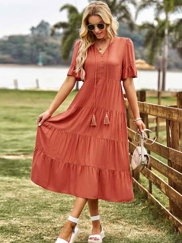 Tiered Dresses- Tiered Short Sleeves Midi Dress in Flowy A-Line Silhouette- Chuzko Women Clothing