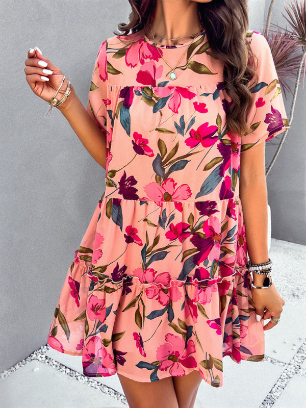 Tiered dresses- Short Sleeve Floral Tunic Mini Dress with Tiered Design & Knot Back- Chuzko Women Clothing