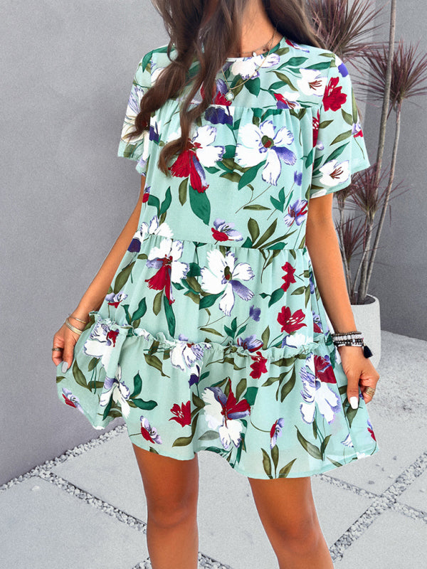 Tiered dresses- Short Sleeve Floral Tunic Mini Dress with Tiered Design & Knot Back- Chuzko Women Clothing