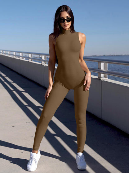 Full-Length High Neck Playsuit - Sport Solid Ribbed Jumpsuit